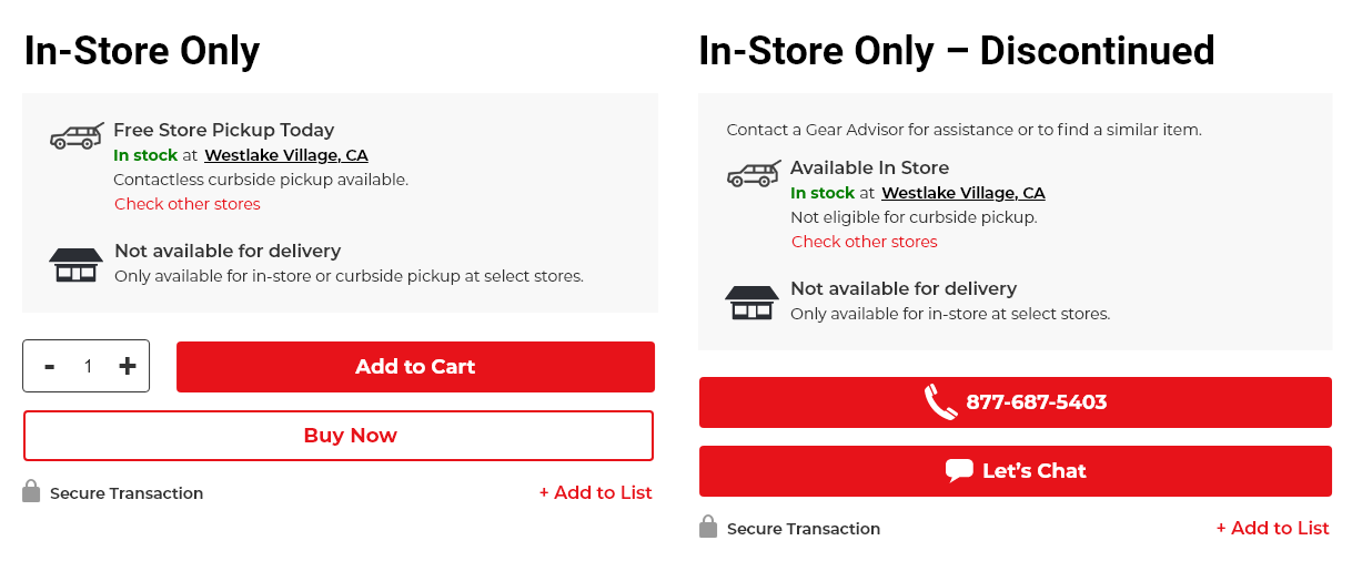 Wireframes showing In-Store Only and In-Store Only Discontinued states, the latter replacing purchase actions with phone and chat support